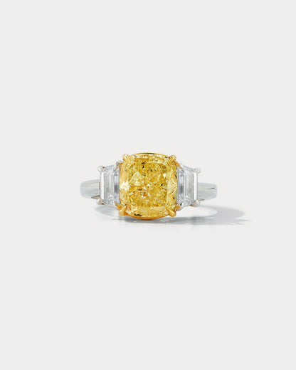 4.01 carat Fancy Intense Yellow Cushion-cut Center Stone Three-stone Ring - Ammrada