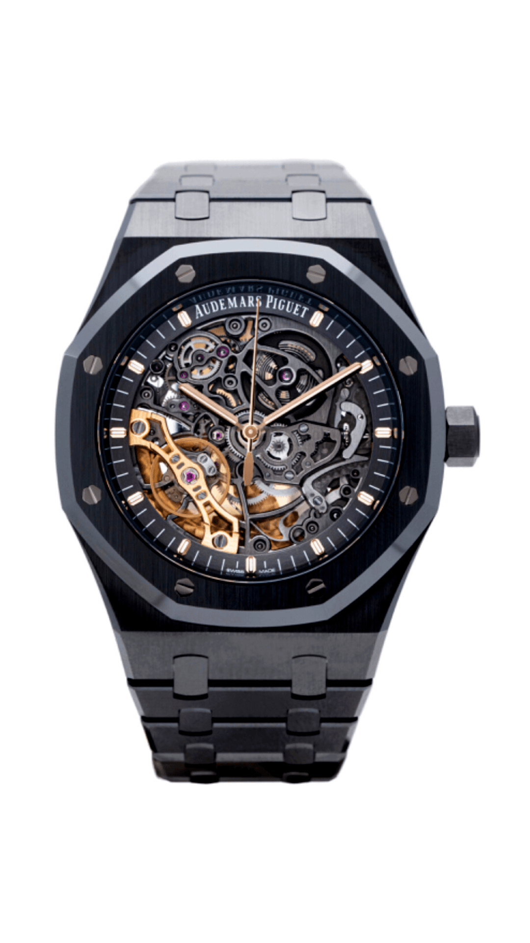 Audemars Piguet Royal Oak Ceramic Skeleton 15416CE.OO.1225CE.01 - HauteLuxuryWatches The Manufacture’s patented double balance wheel mechanism is clad in black ceramics and revealed on both sides of the watch through the openworked slate grey dial. 